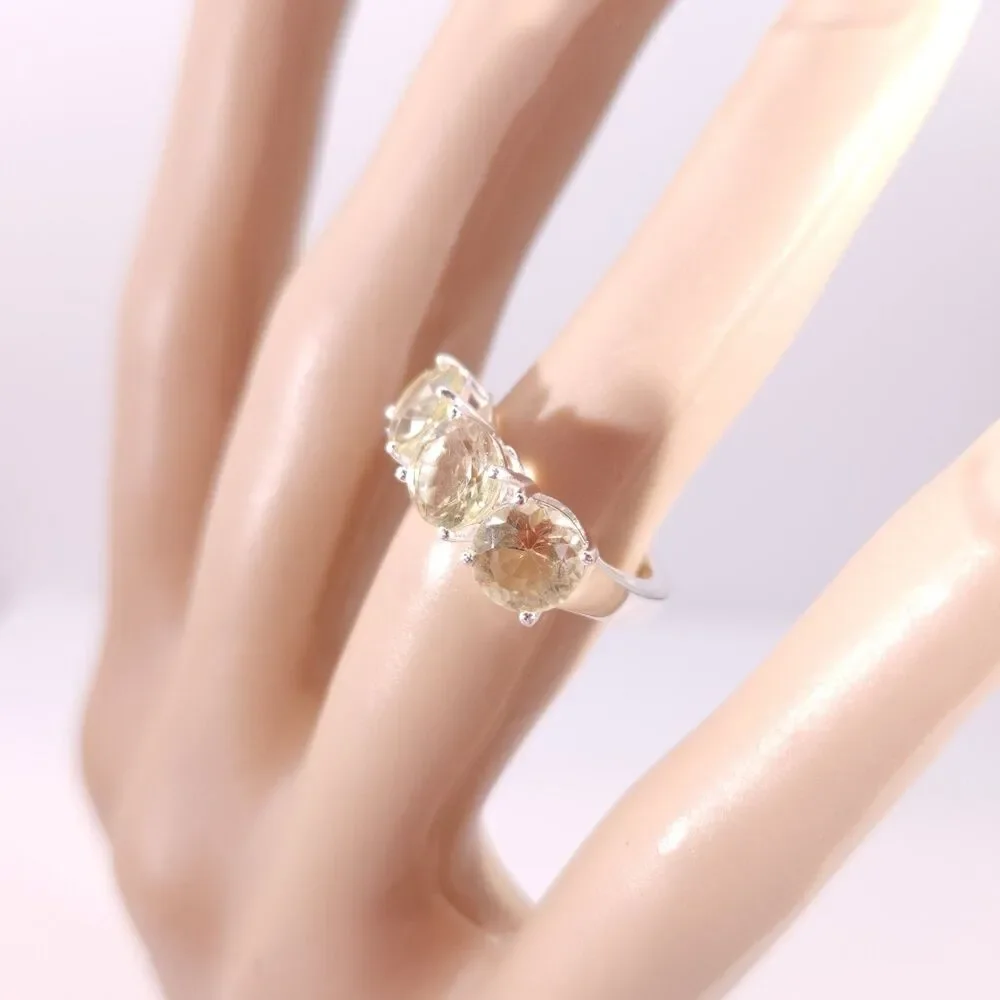 Brazilian Lemon Quartz Trilogy Ring 3.8 Carats tw Sterling Silver Size 5